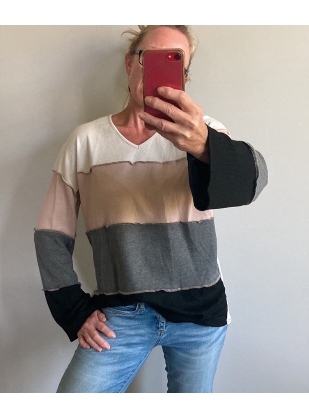 Waffle Knit, Color Block Long Sleeve Tunic Top